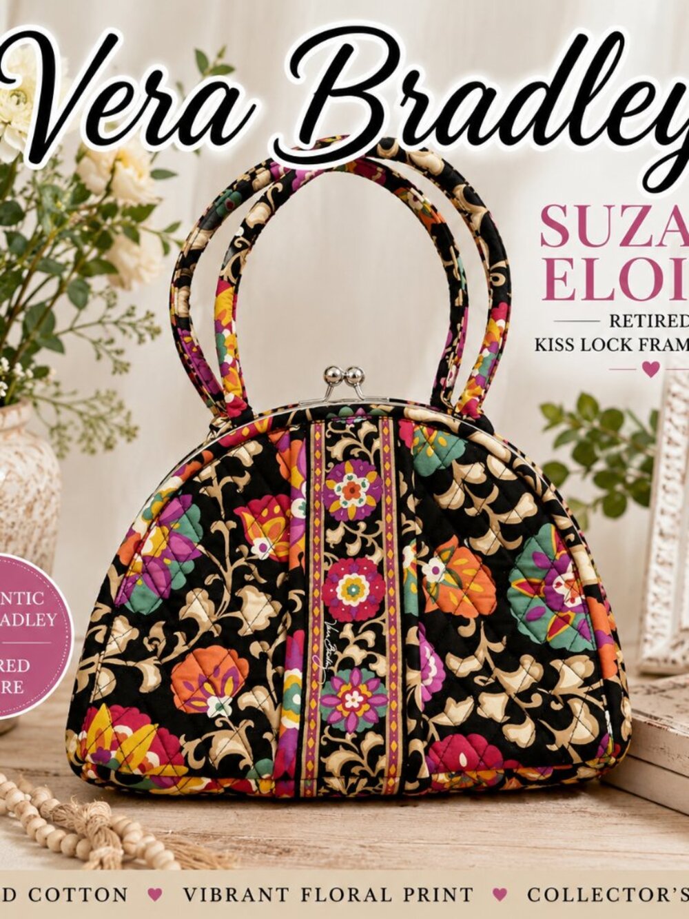 Vera Bradley Retired Black Pink Orange Suzani Eloise Kiss Lock Frame Satchel Bag